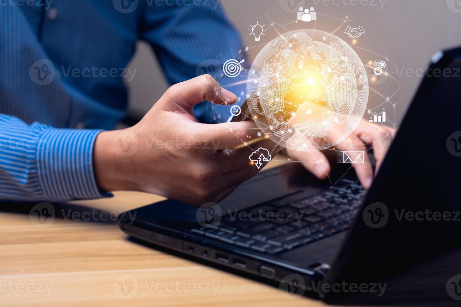 Businessman using smart phone. Global business internet connection application technology and digital marketing. Digital Link Technology Big Data. IoT Internet of Things photo