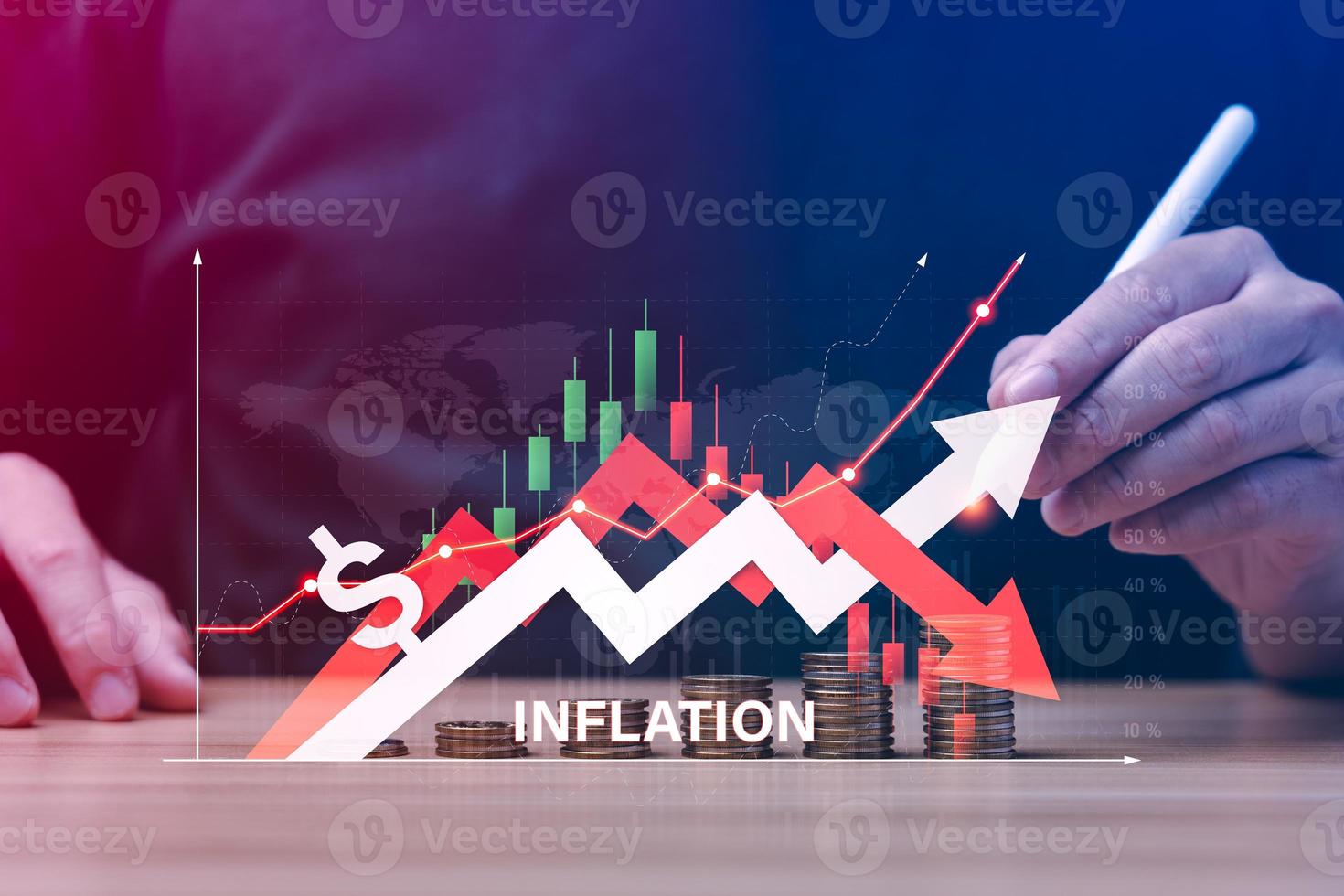 concept of higher price inflation. Businessman with a financial graph, the economic condition of the currency tends to decline continuously. cash flow photo