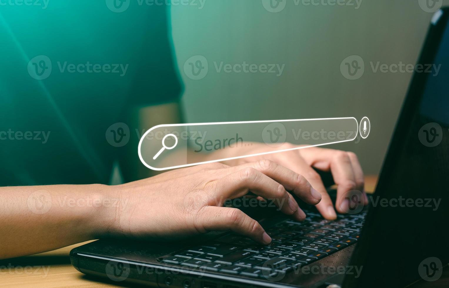 Search Engine Concept. Tools or programs for searching for information on the Internet. Men's hands use their laptops to find information using search engines and help grow your online business. photo