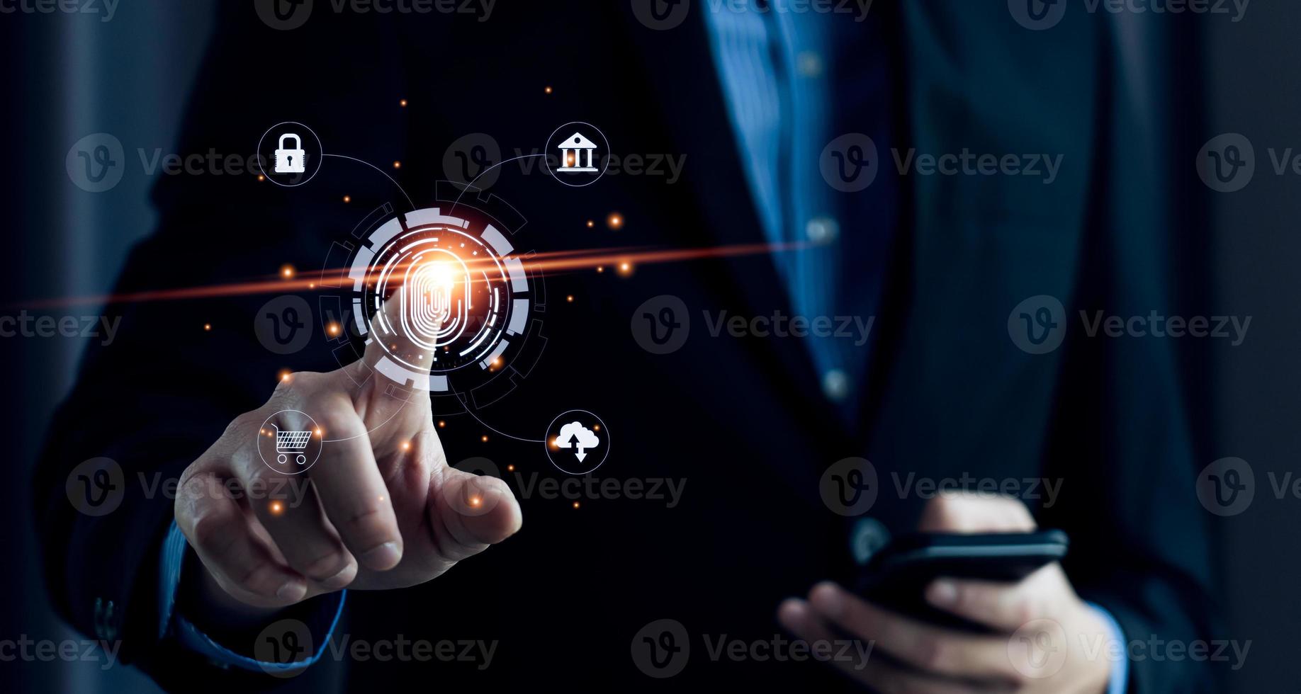 Businessman using fingerprint to access personal financial information, biosecurity. Cybersecurity and hacker protection technology, identity verification photo