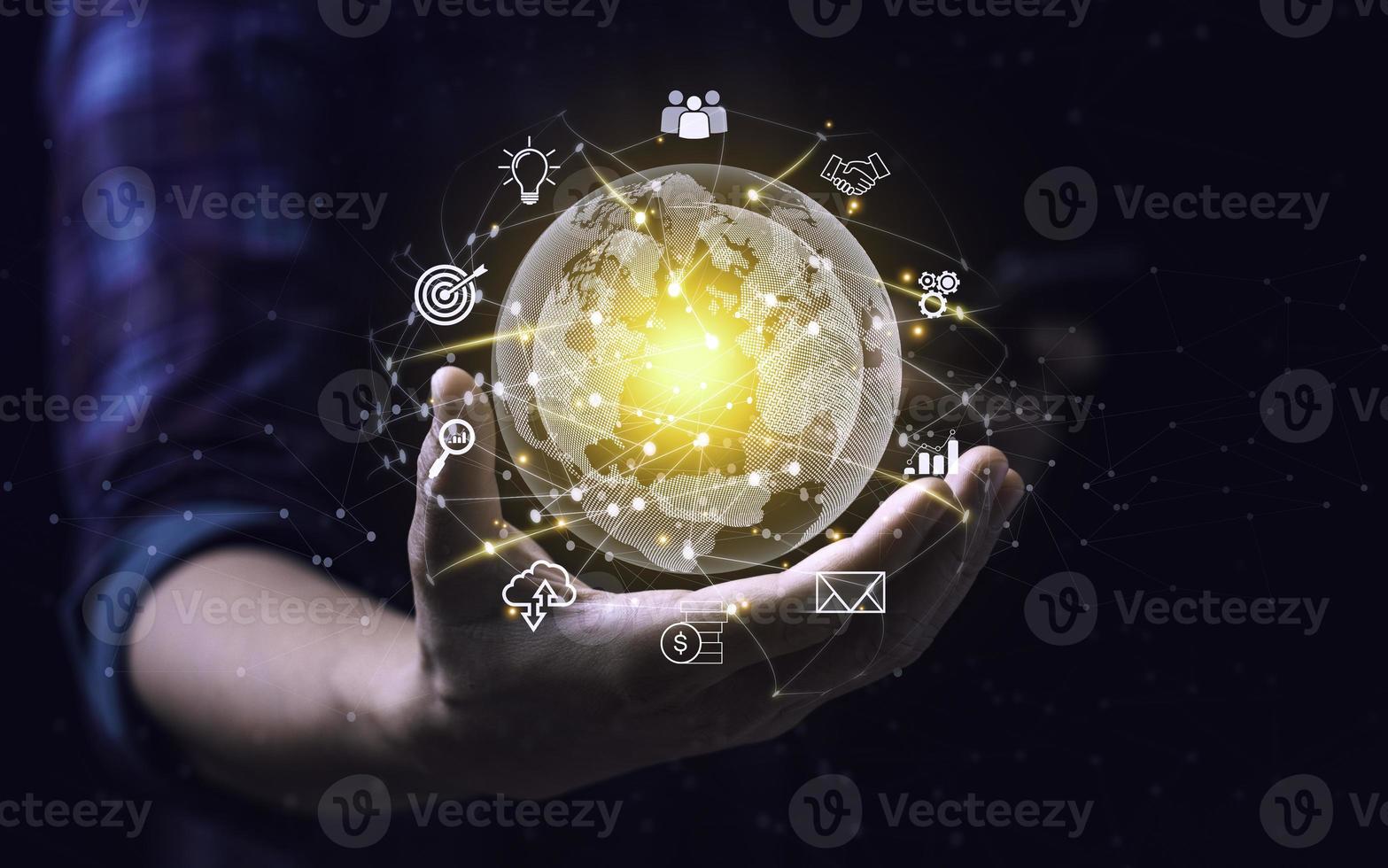Businessman using smart phone. Global business internet connection application technology and digital marketing. Digital Link Technology Big Data Finance and Banking business concept photo
