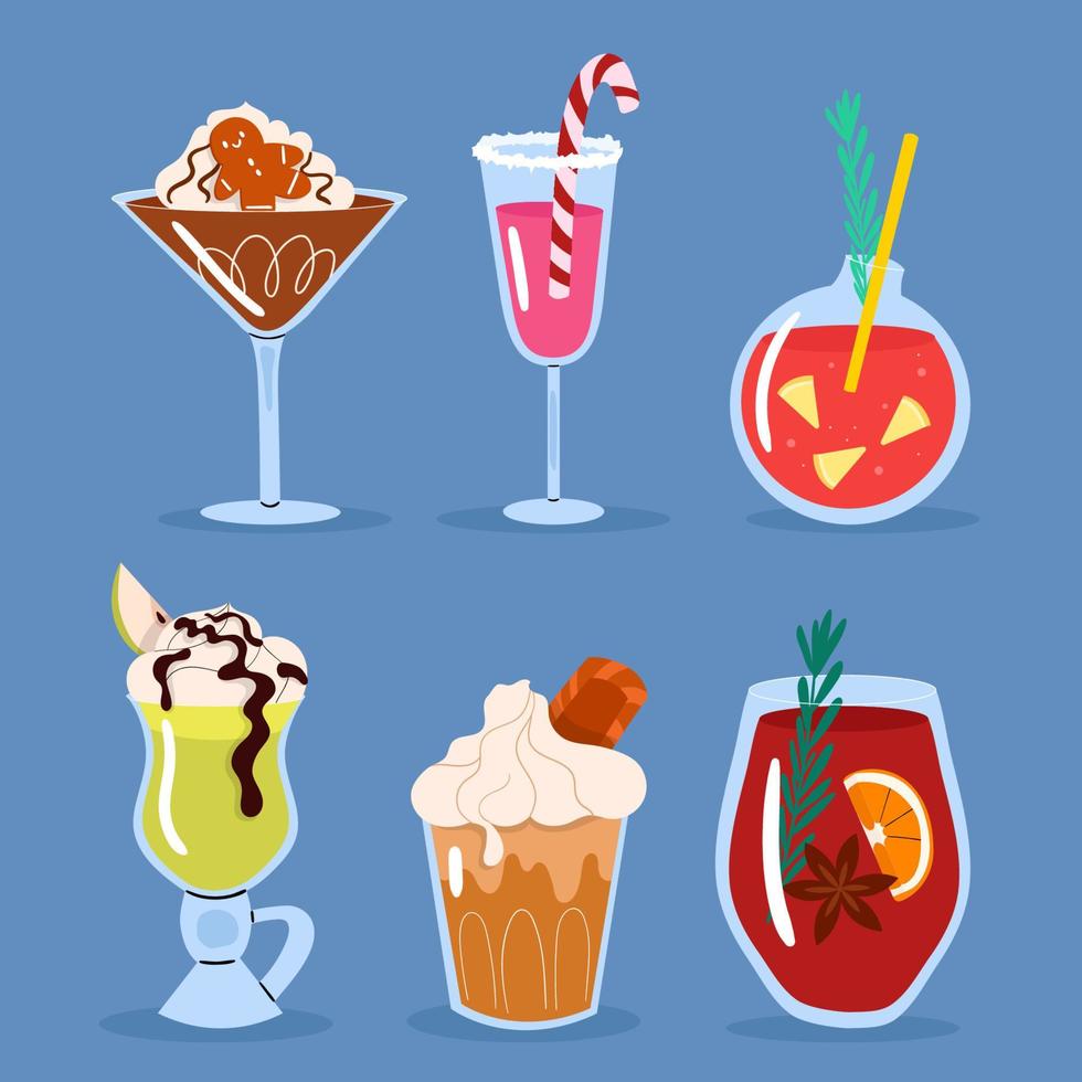 Winter beverages vector collection. Isolated cartoon seasonal drinks on blue background