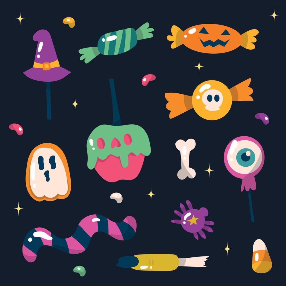 colección de vectores de dulces de halloween estilo doodle. dulces de vacaciones de dibujos animados aislados sobre fondo negro