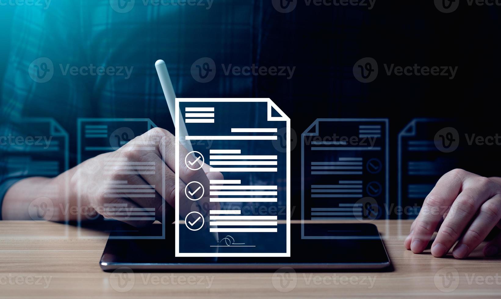 Electronic Signature Concept. Businessman signing documents online on tablet, Online document signing management system  e-Signature, Digital Signature, e -Timestamping photo