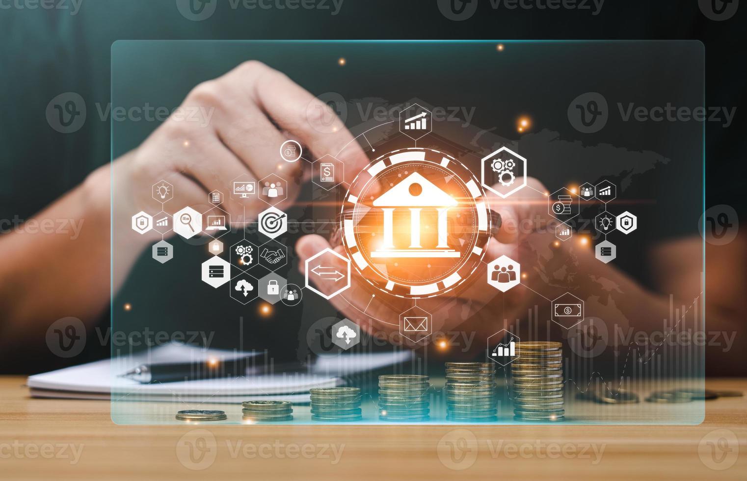 Business people who use online banking and mobile payments. Digital marketing.Finance and banking networking.Online shopping and customer network connection icons,Cybersecurity.Business technology. photo