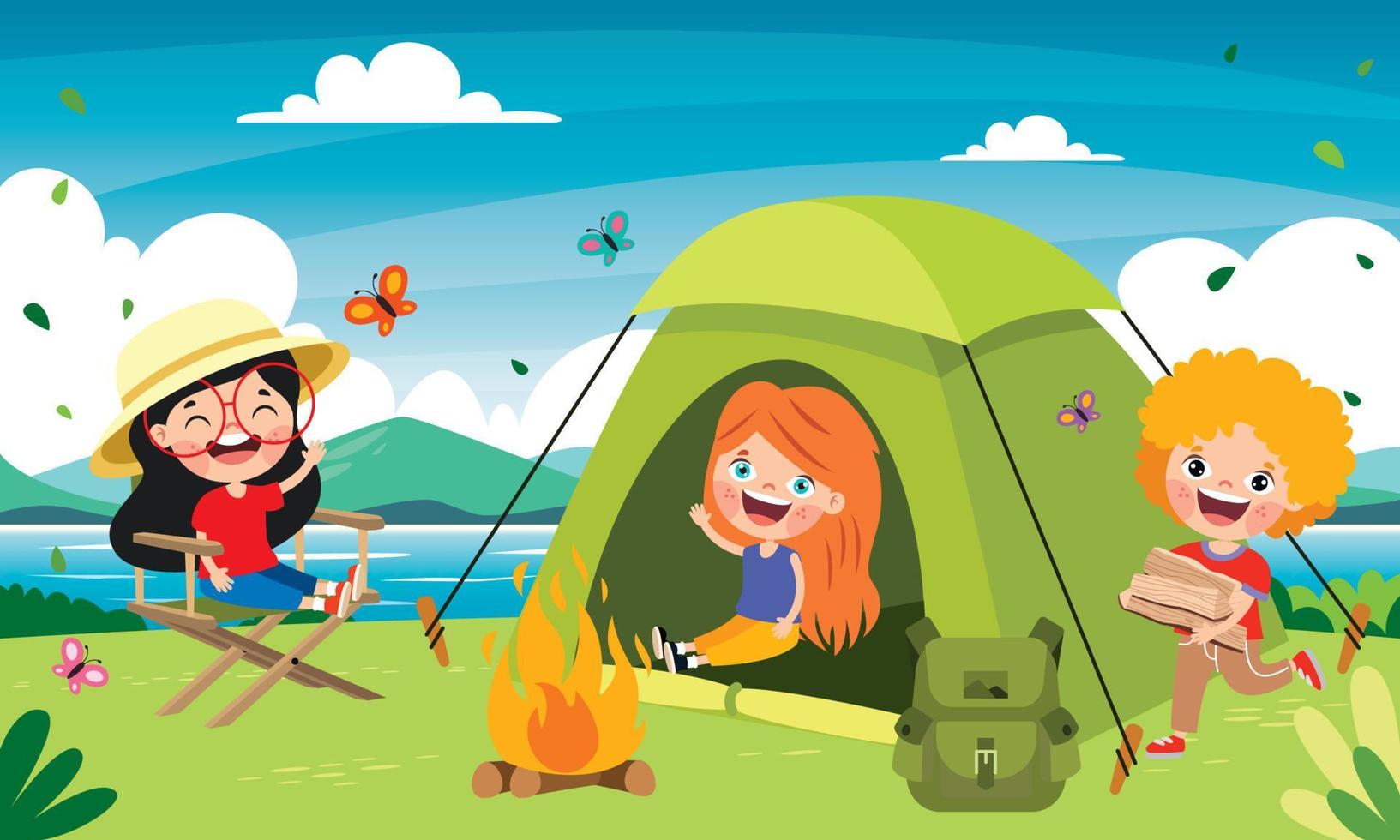 niños de dibujos animados acampando en la naturaleza vector