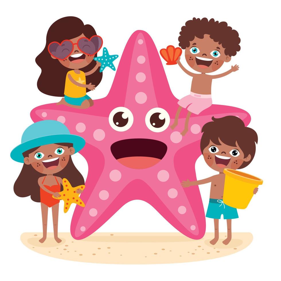 Summer Kids Posing With Starfish vector