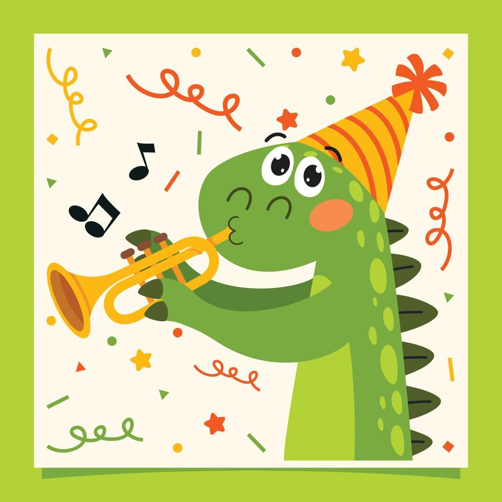 tarjeta de cumpleaños con personaje de dinosaurio vector