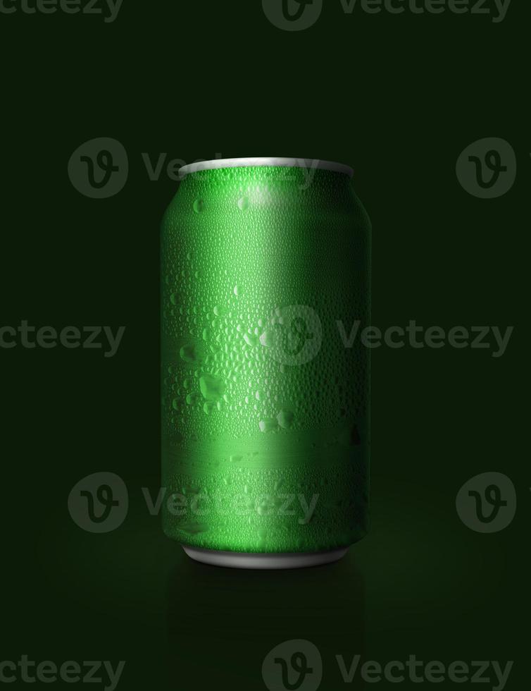 green aluminum can with water droplets on dark green background photo