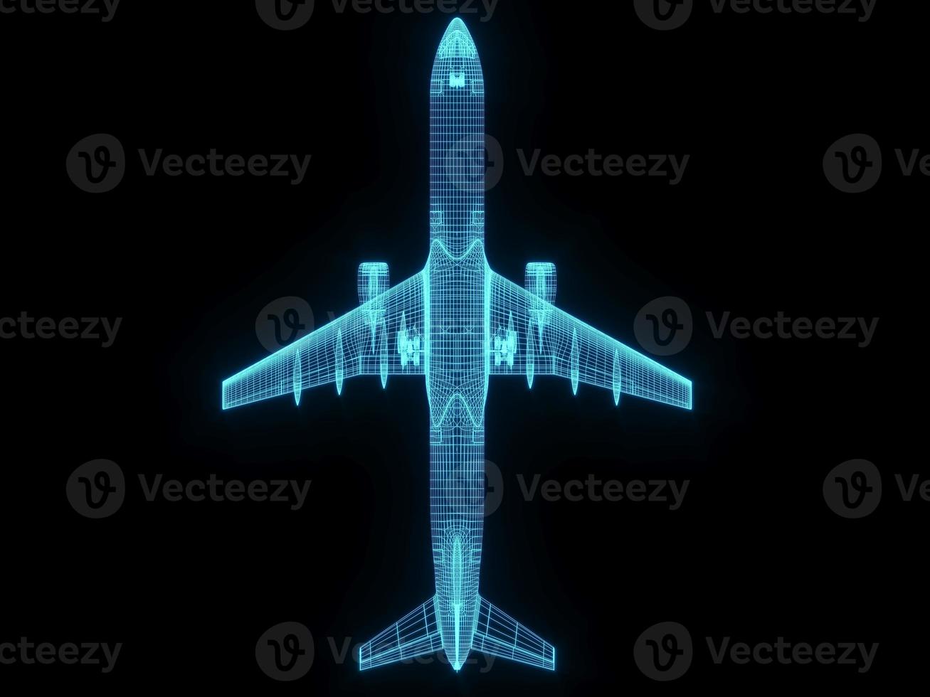 3D rendering illustration aeroplane blueprint glowing neon hologram futuristic show technology security for premium product business finance photo