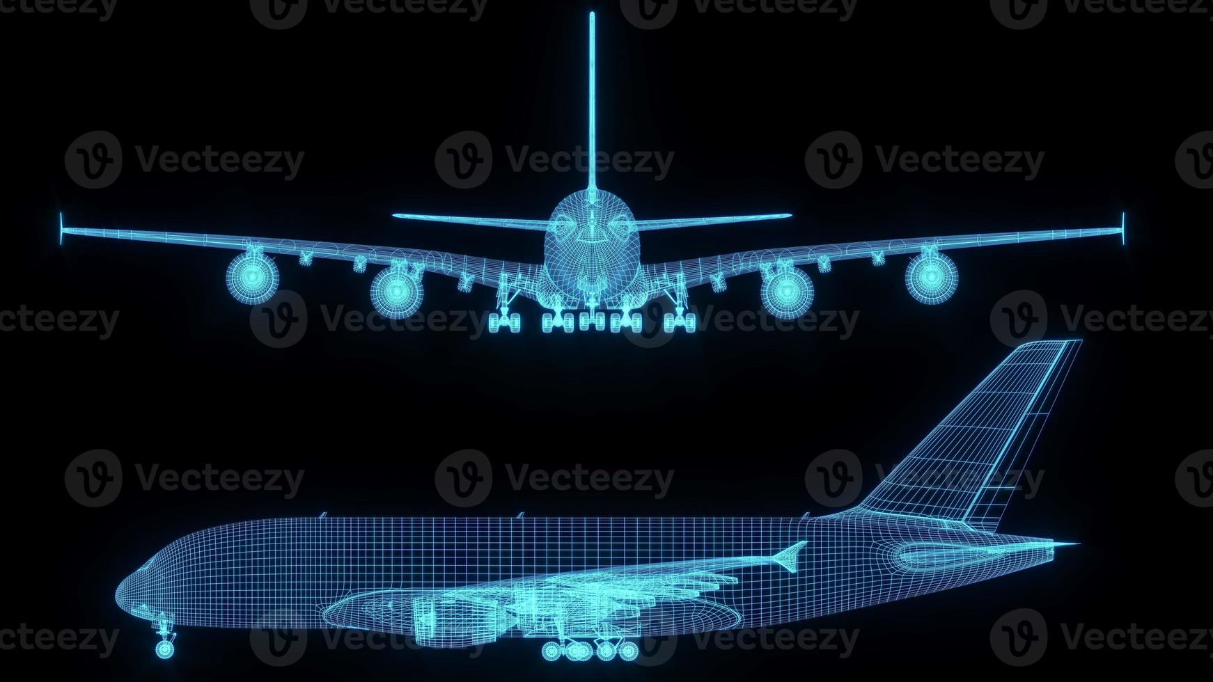 3D rendering illustration aeroplane blueprint glowing neon hologram futuristic show technology security for premium product business finance photo