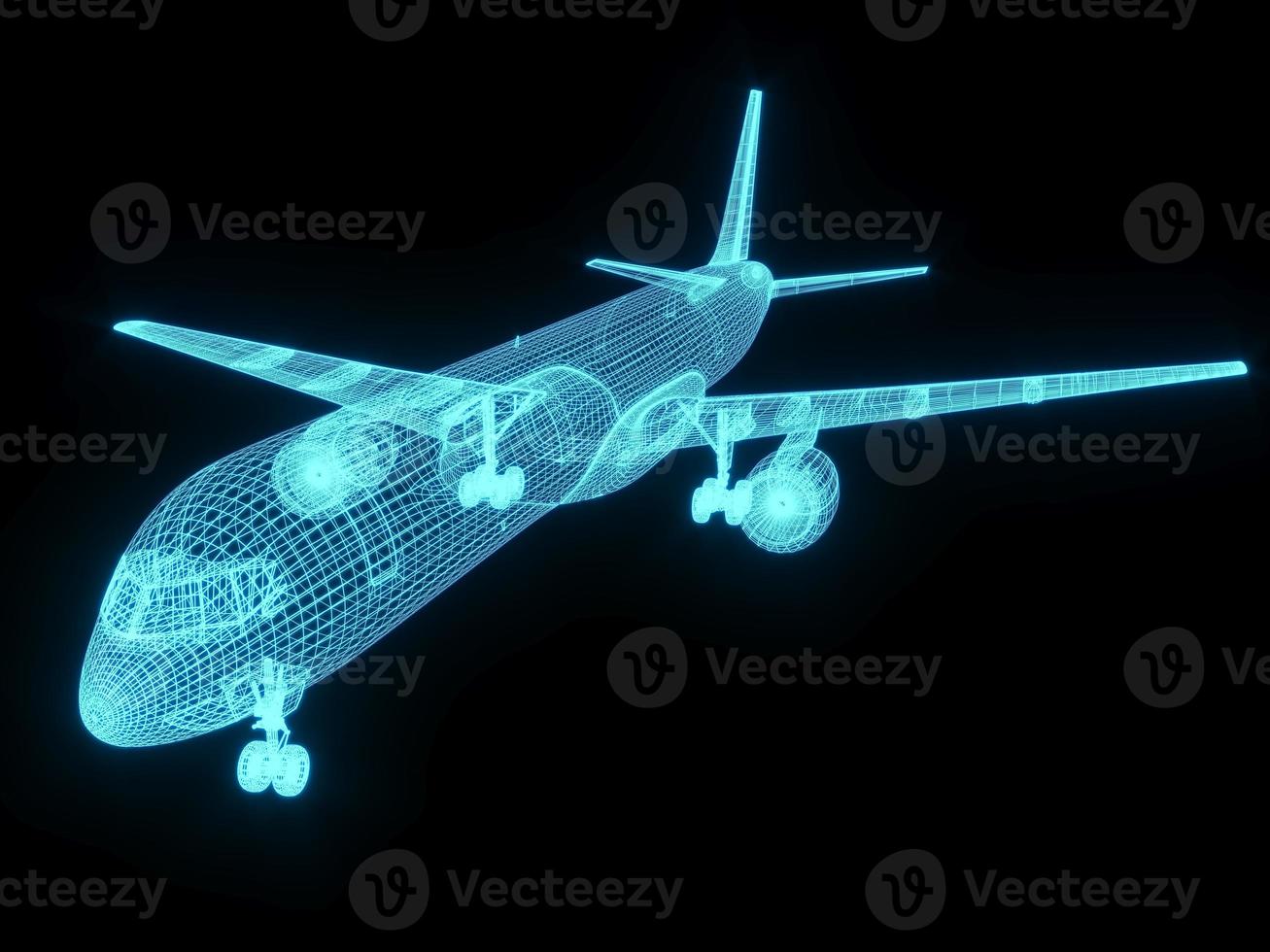3D rendering illustration aeroplane blueprint glowing neon hologram futuristic show technology security for premium product business finance photo