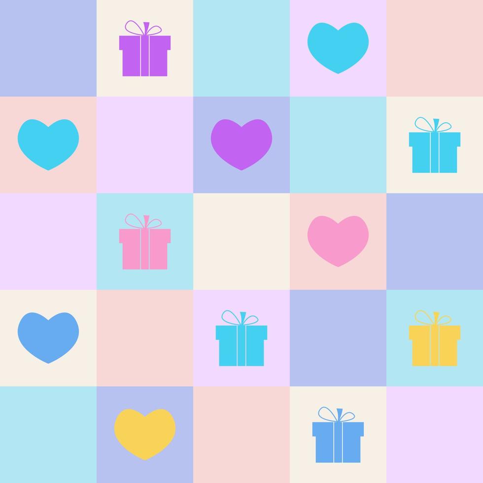 Vector illustration design of heart and gift box on pastel color square pattern