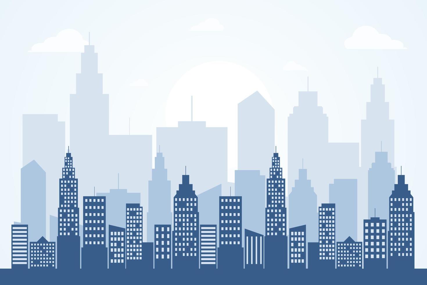 Vector illustration design of modern city. Blue tone building and clouds. Cityscape background