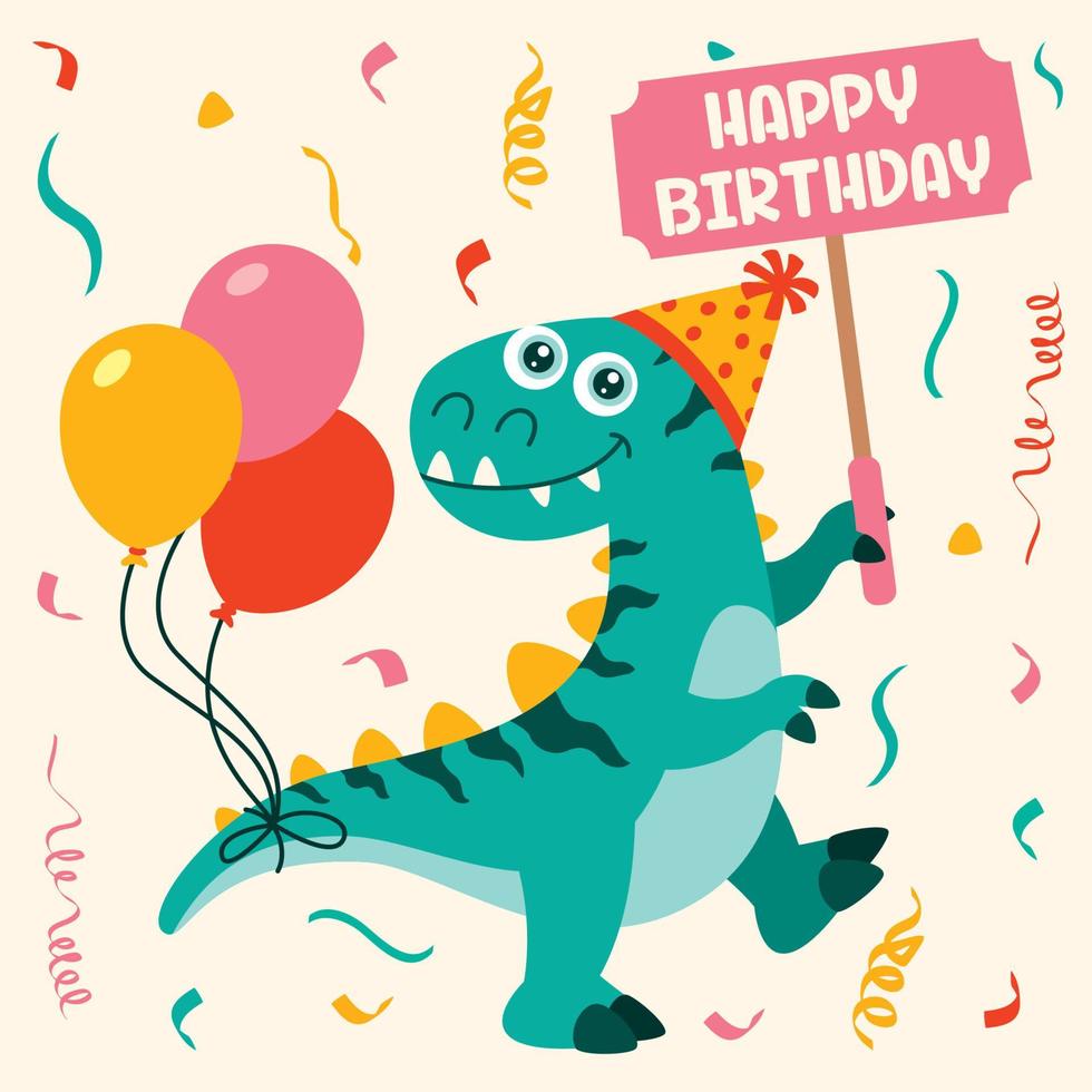 tarjeta de cumpleaños con personaje de dinosaurio vector