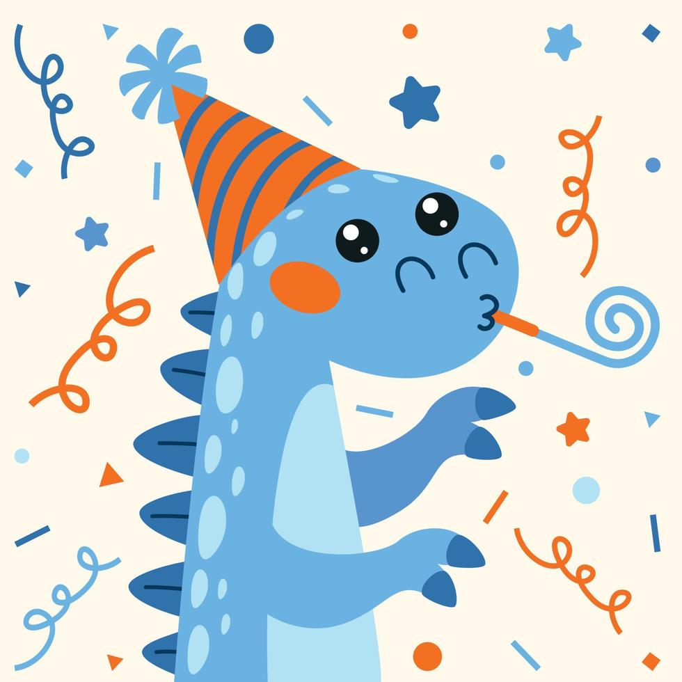 tarjeta de cumpleaños con personaje de dinosaurio vector