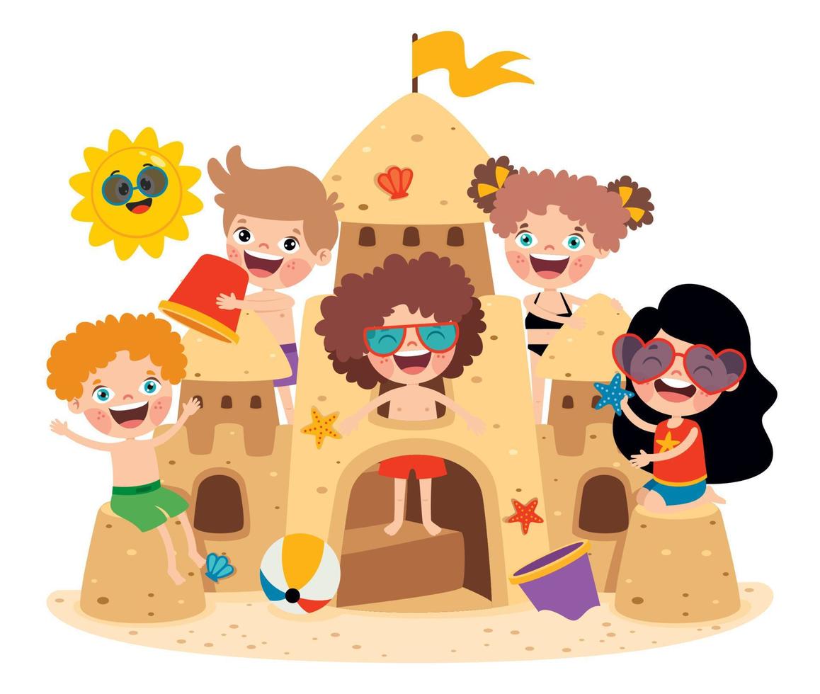 Kids Playing With Sand Castle vector