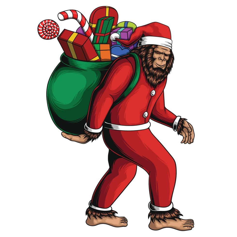 Bigfoot walking costume santa carry gift bag vector illustration