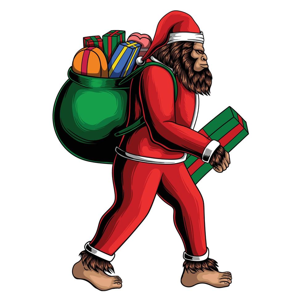 Bigfoot caminar traje santa llevar caja bolsa de regalo ilustración vectorial vector