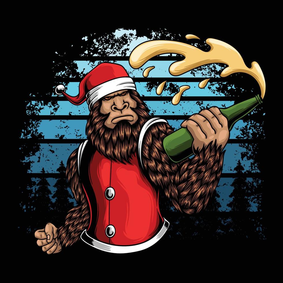 Bigfoot sosteniendo una botella de cerveza temporada Navidad ilustración vectorial vector