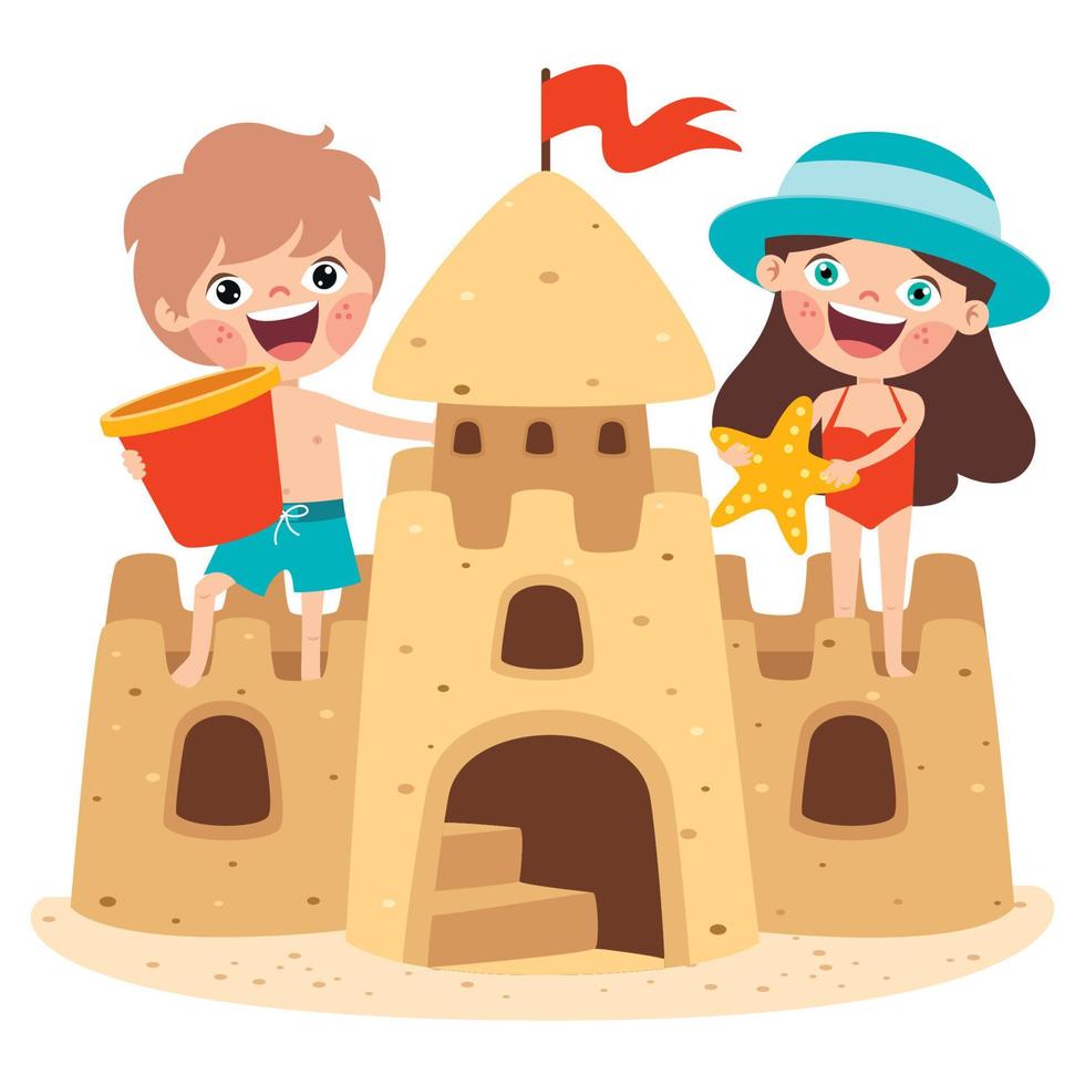 Kids Playing With Sand Castle vector