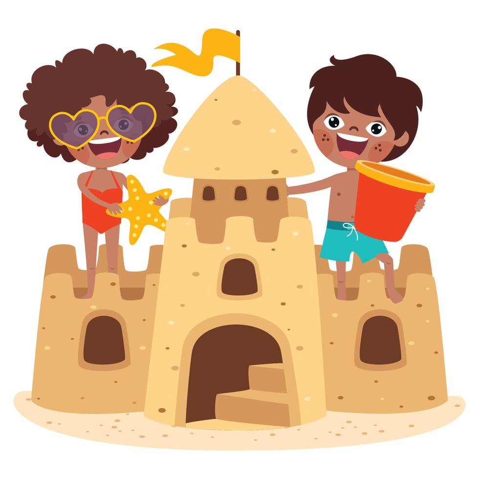 niños jugando con castillo de arena vector