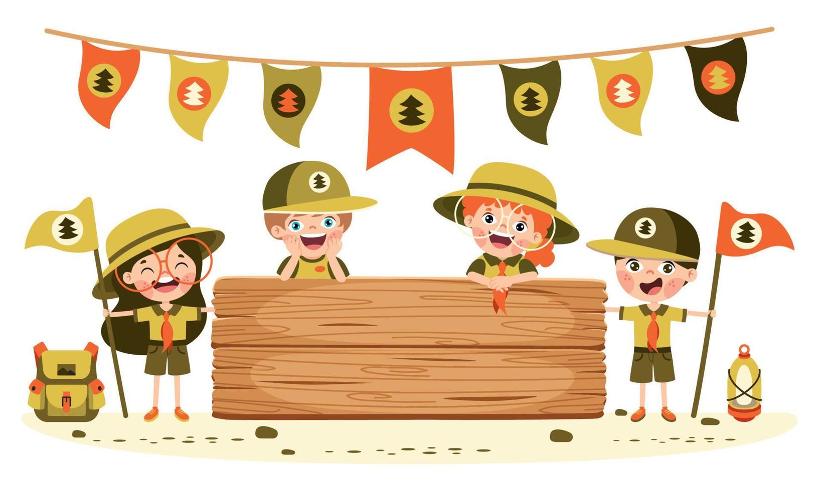 Cartoon Scouts With Wooden Signboard vector