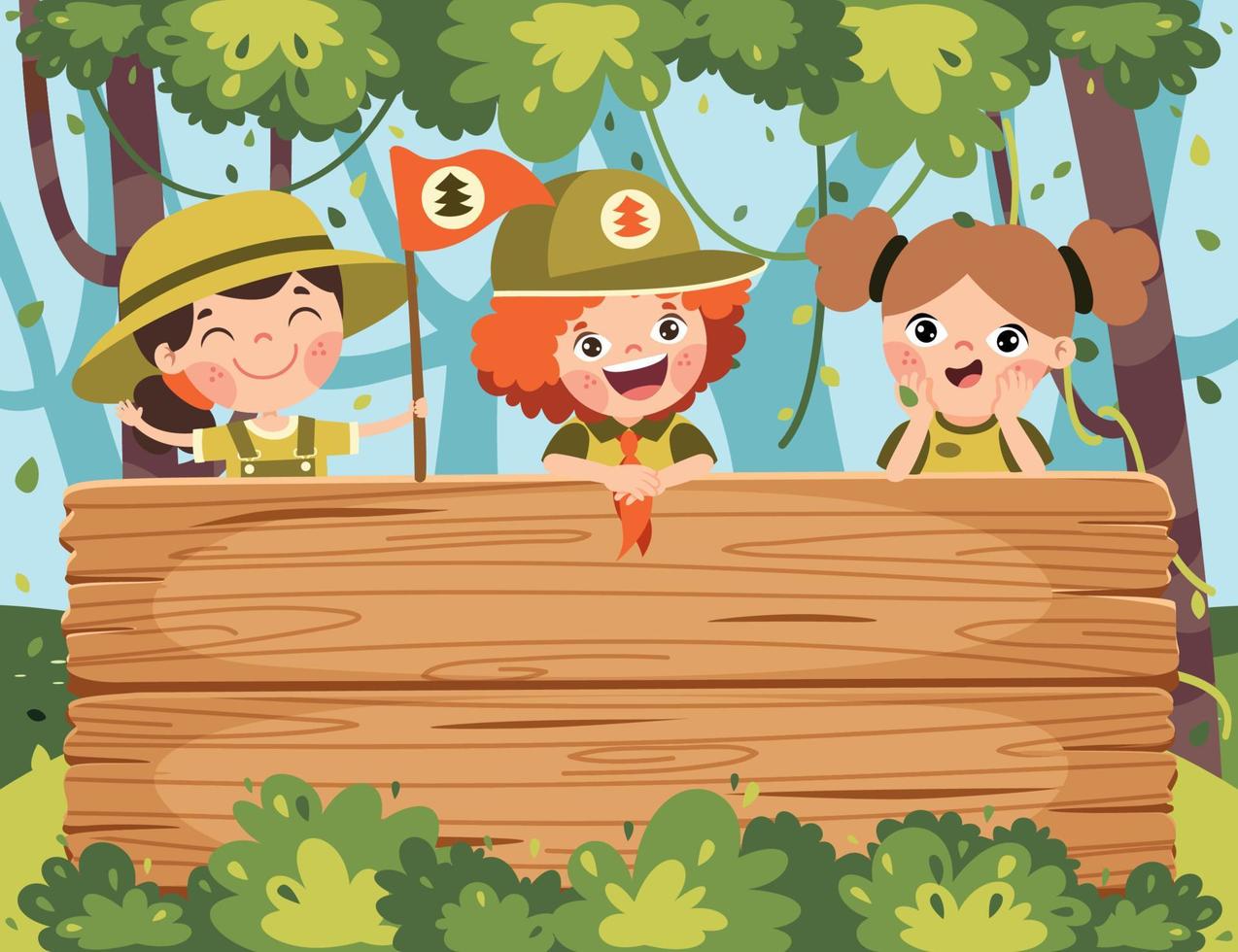 Cartoon Scouts With Wooden Signboard vector