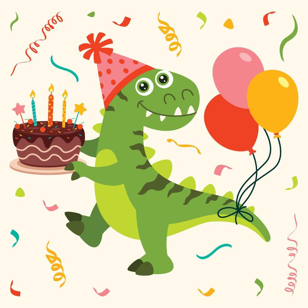 tarjeta de cumpleaños con personaje de dinosaurio vector