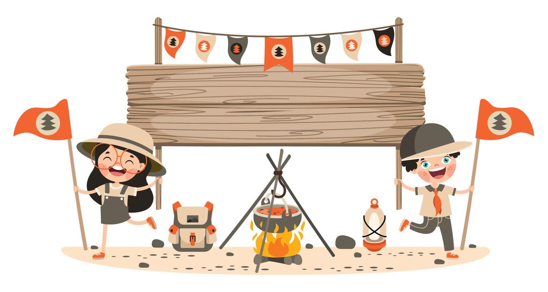 Cartoon Scouts With Wooden Signboard vector