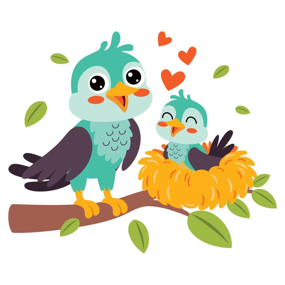 Cartoon Illustration Of Mother And Baby Birds vector