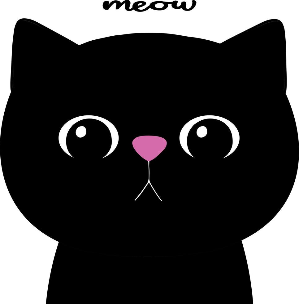 Cat face silhouette with text Meow. Black cartoon kitten. Notebook cover. Sticker print. For cards and design. Hand drawn vector art