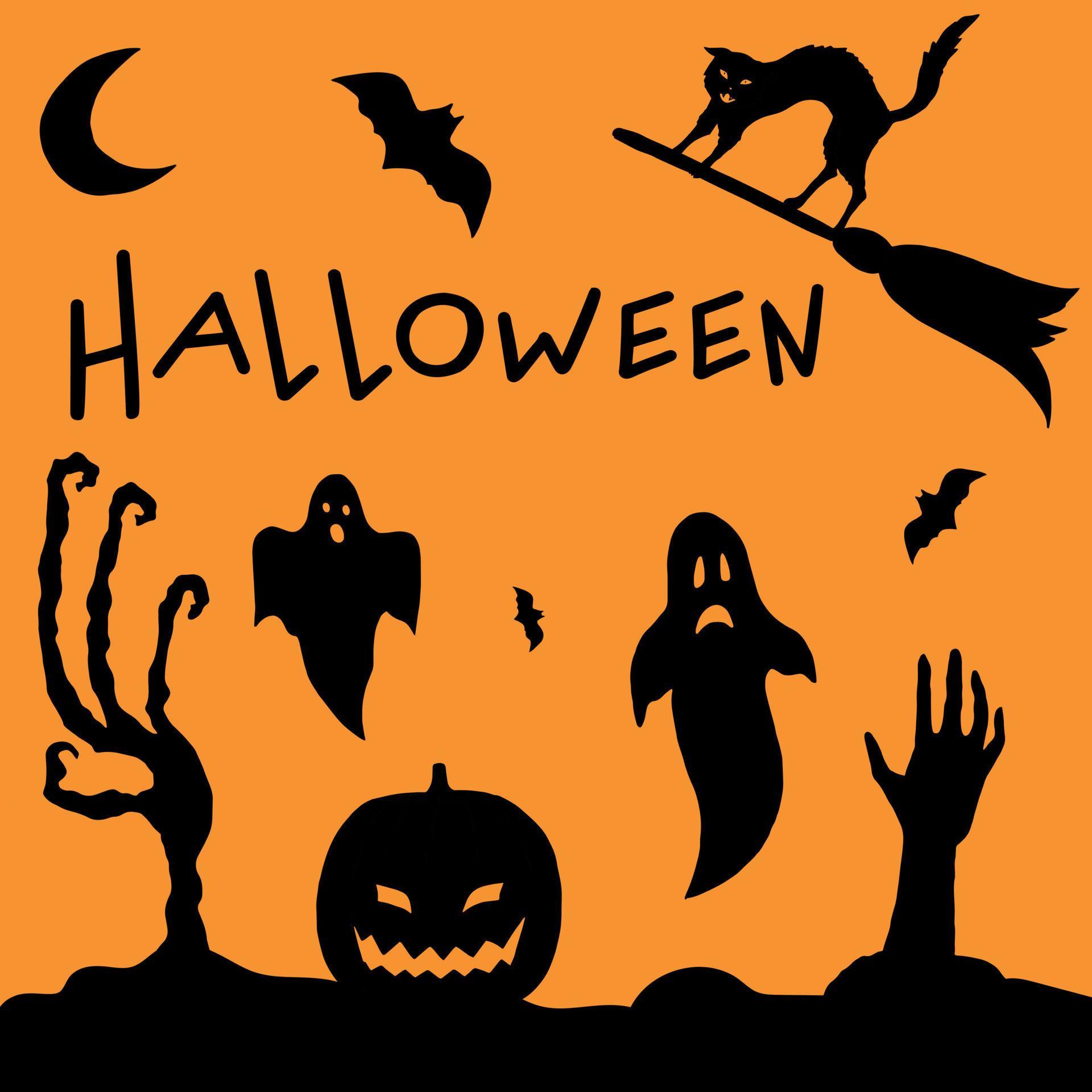 Halloween night view with ghosts, zombie's hands, black cat and bats