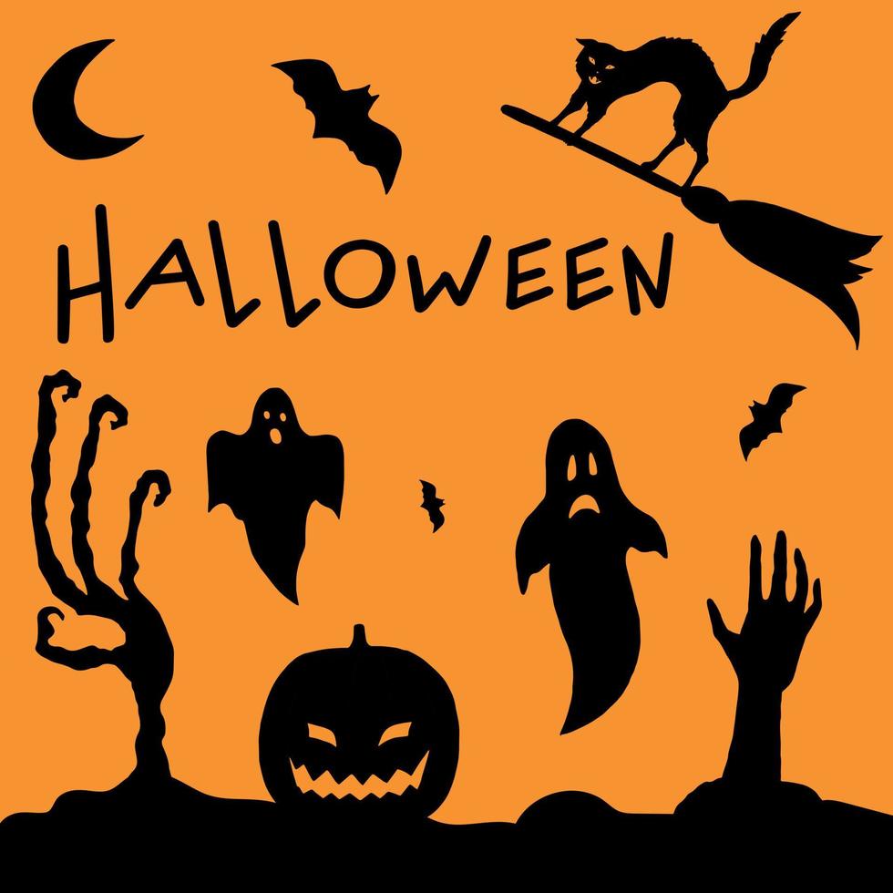 vista nocturna de halloween con fantasmas, manos de zombies, gato negro y murciélagos. siluetas espeluznantes dibujadas a mano negra sobre fondo naranja. atributos de halloween ilustración vectorial vector