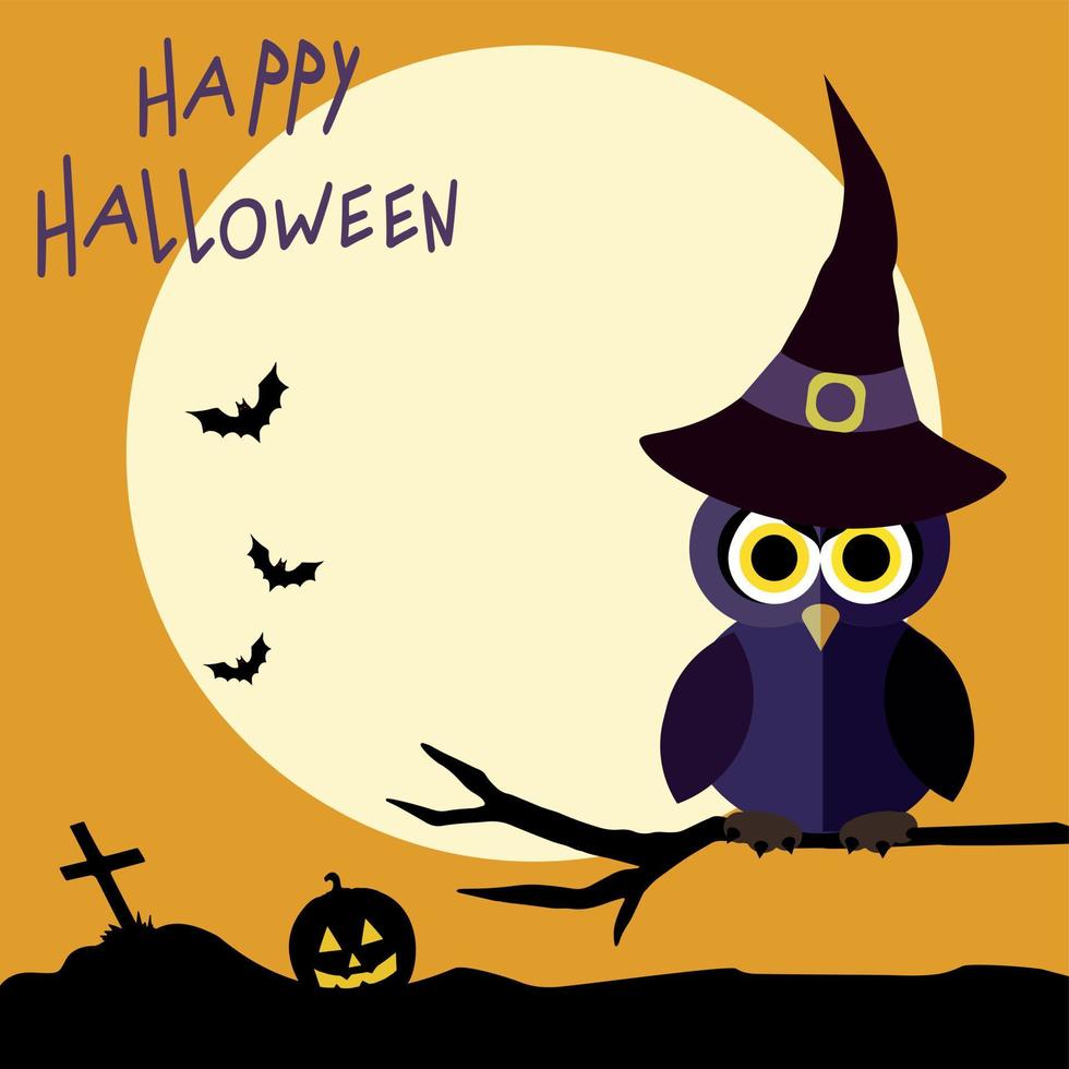 búho en un sombrero sentado en una rama frente al cementerio y vista de luna llena. feliz Halloween. ilustración vectorial vector