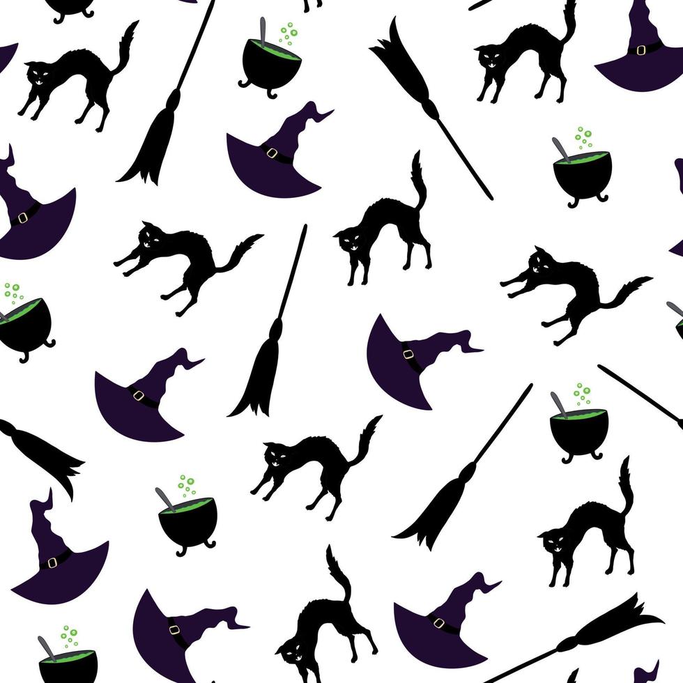 gato negro, sombrero y caldero en patrón repetitivo vector