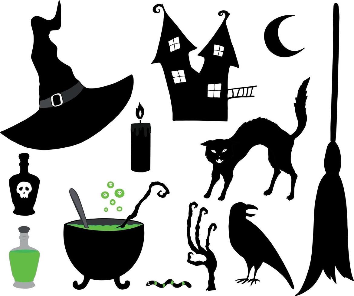 Halloween witch attributes set. Witchcraft. Various objects isolated on white background. Happy Halloween. Hand drawn vector illustration