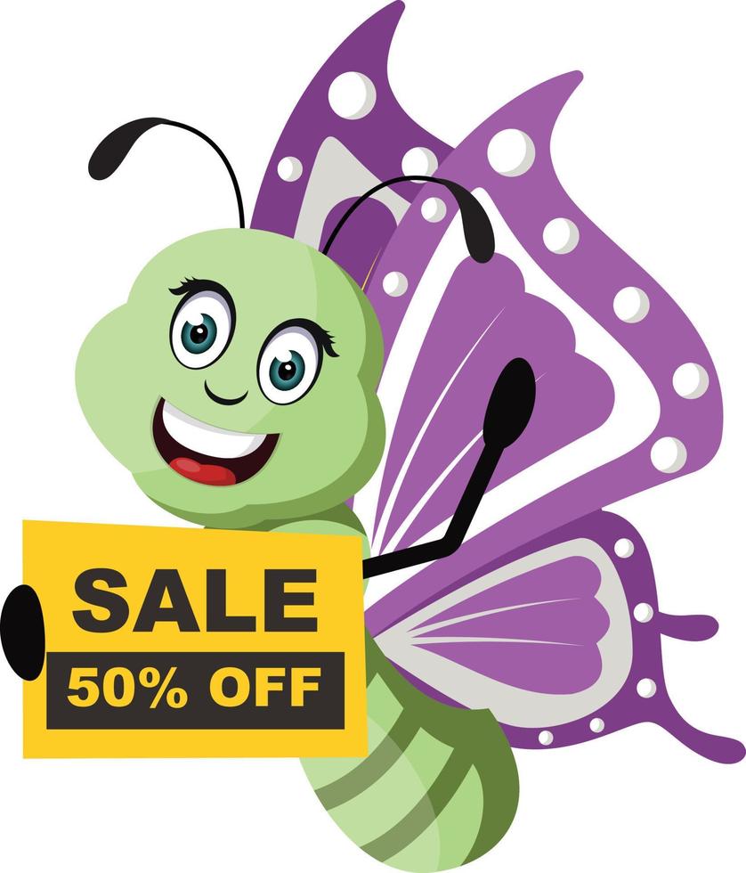 Butterfly with sale sign, illustration, vector on white background.