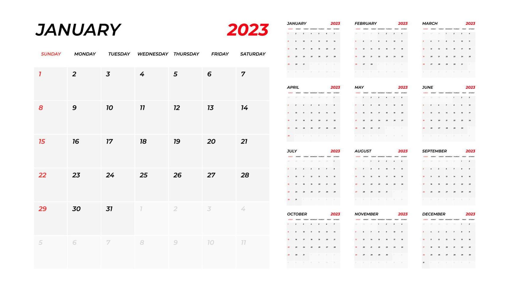 calendario 2023. la semana comienza el domingo. plantilla de calendario anual 2023. diseño de calendario en colores blanco y negro, domingo en colores rojos. semana de planificación del calendario. vector