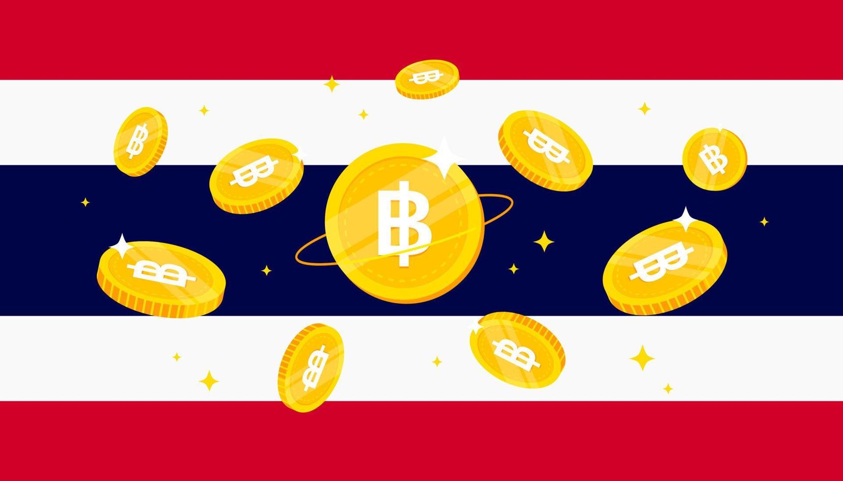 Digital Baht coins on Thailand flag background. Central Bank Digital Currency CBDC concept banner background. vector