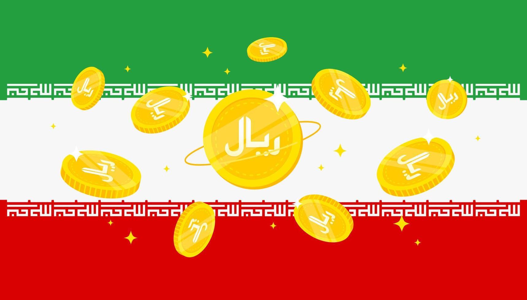 Digital Rial coins on Iran flag background. Central Bank Digital Currency CBDC concept banner background. vector