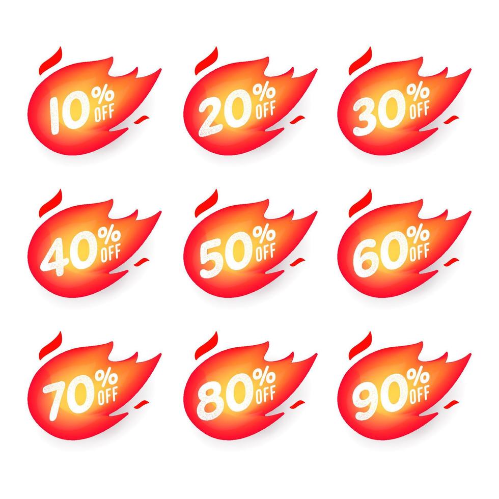 Special offer discount label with different sale percentage. 10, 20, 30, 40, 50, 60, 70, 80, 90 percent off price reduction badge promotion design emblem set vector. vector