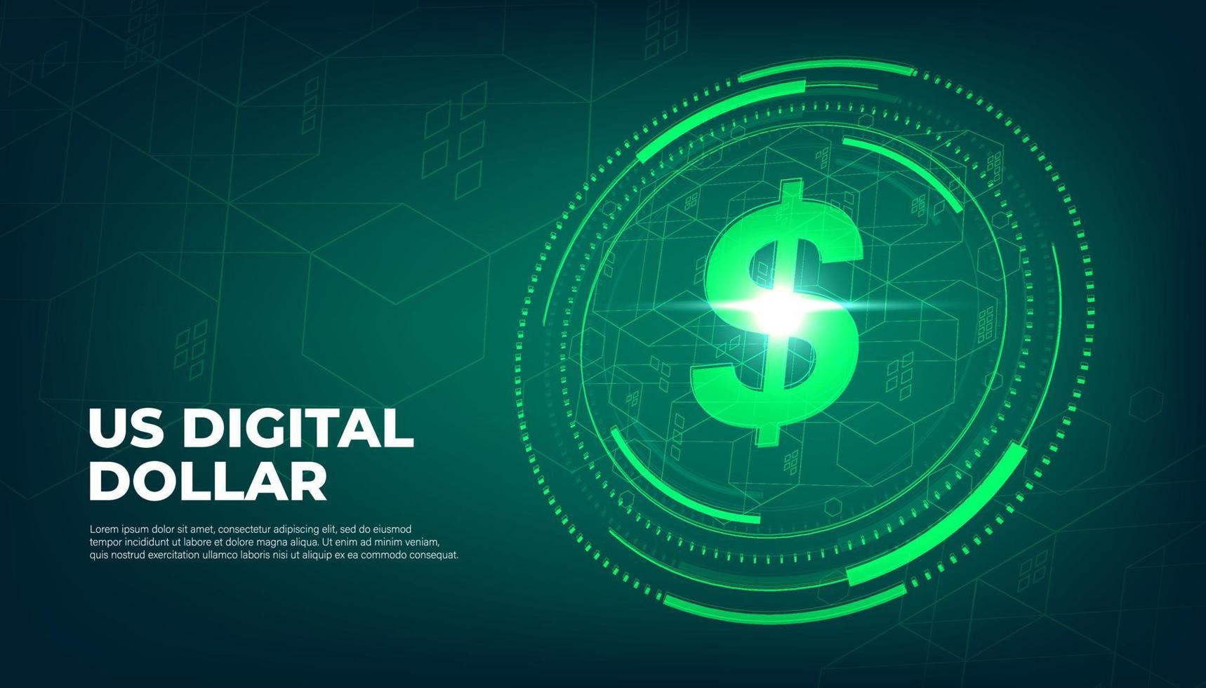 Digital currency USA dollar sign, US Digital Dollar futuristic digital money on green abstract technology background, vector. vector
