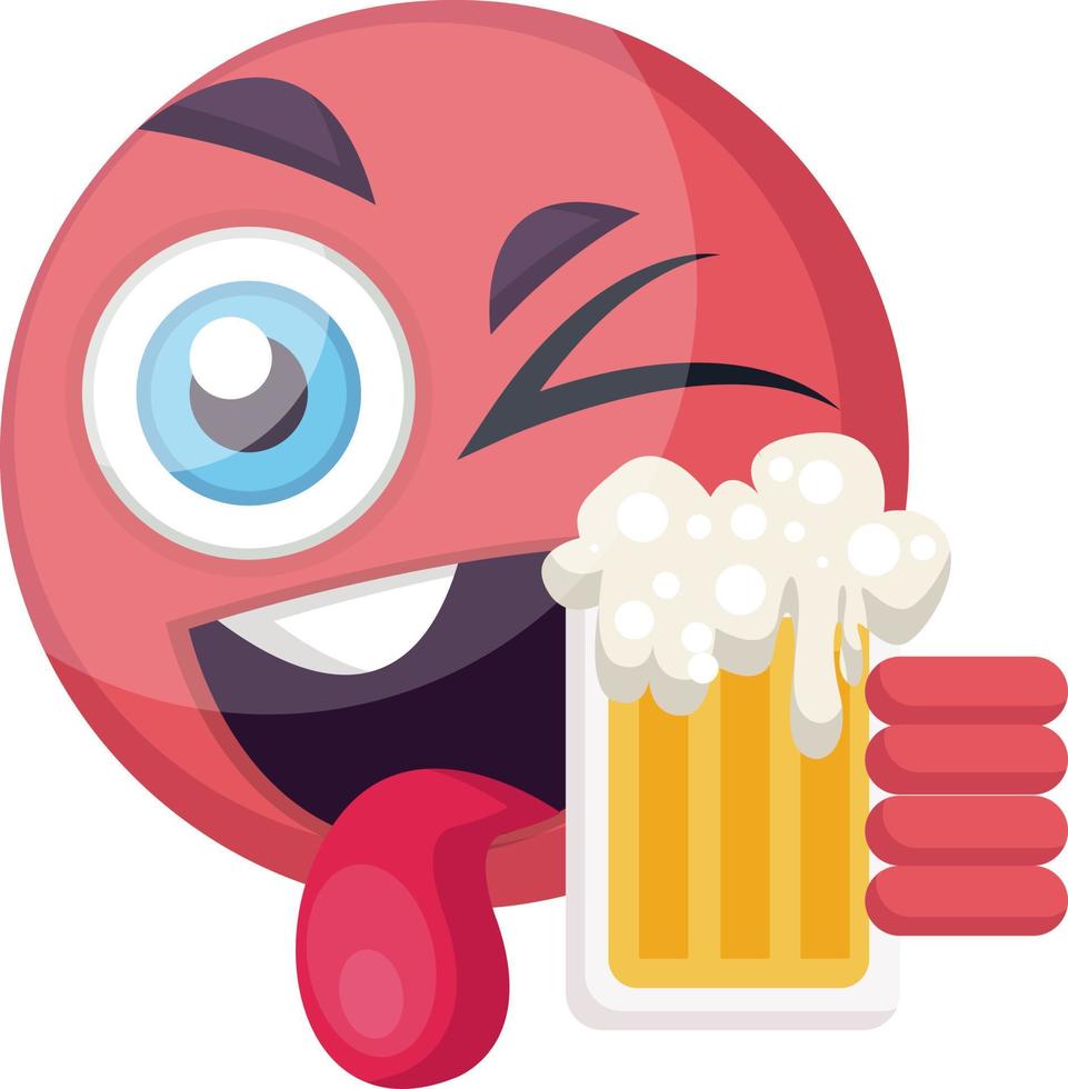 Round pink happy emoji face holding a beer vector illustration on a white background