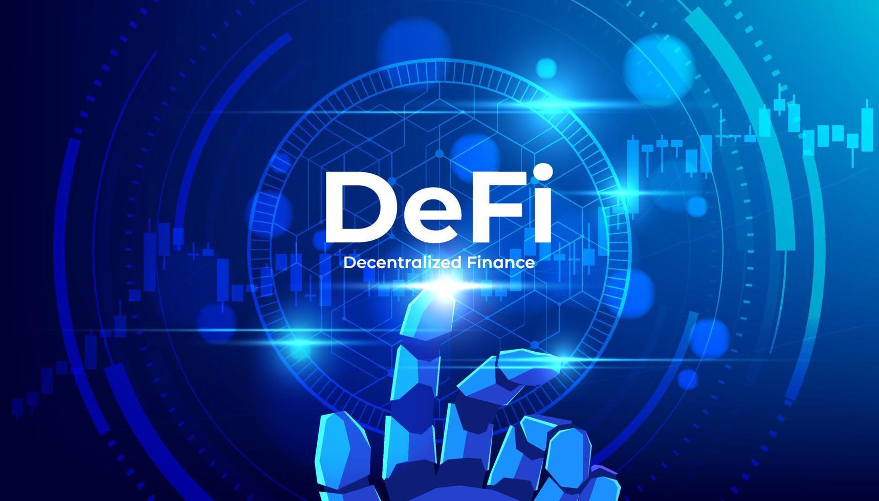 DeFi Decentralized Finance text with robot hand pointing for decentralized financial system, cryptocurrency, blockchain, and digital asset. vector