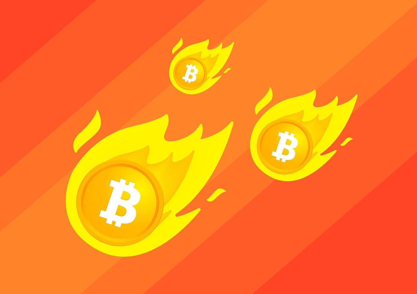 Falling bitcoin on fire on red background. Bitcoin Price Falling concept. vector