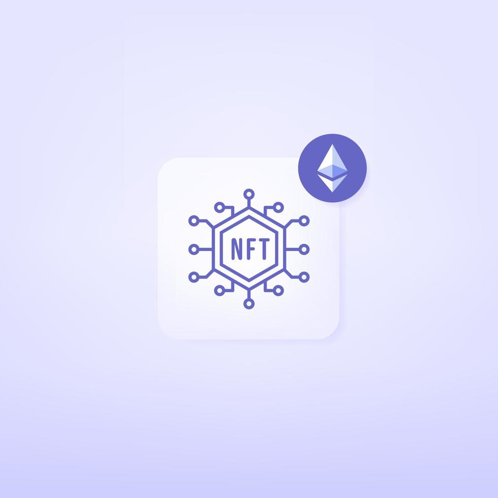 icono de la aplicación móvil nft. concepto de token no fungible, notificación de arte criptográfico con signo de ethereum. coleccionables tarjeta de contenido descentralizado. vector