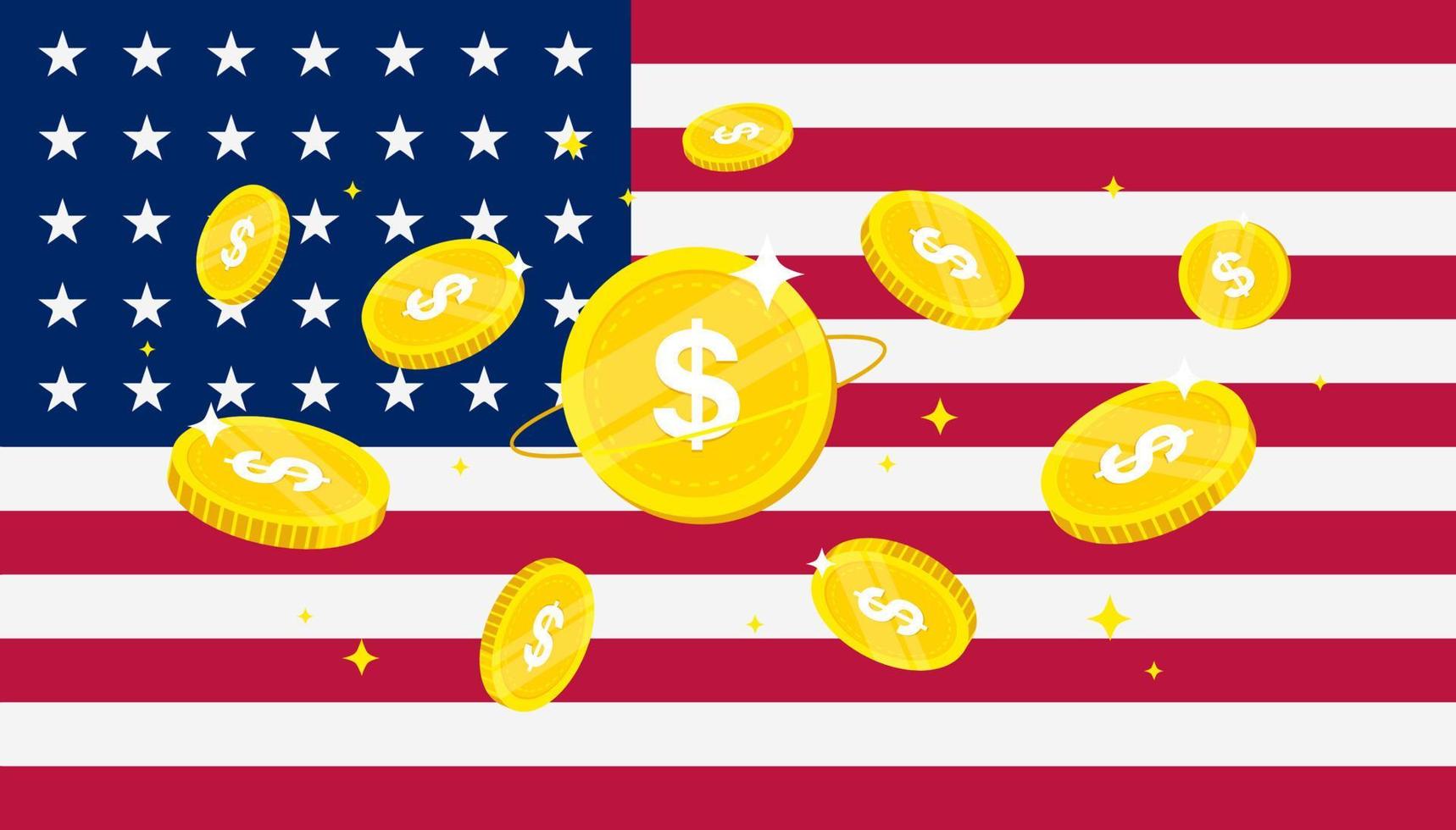 Digital Dollar coins on USA flag background. Central Bank Digital Currency CBDC concept banner background. vector