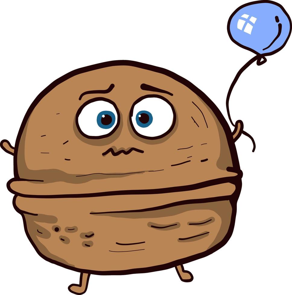 Walnut with a blue balloon, illustration, vector on a white background.