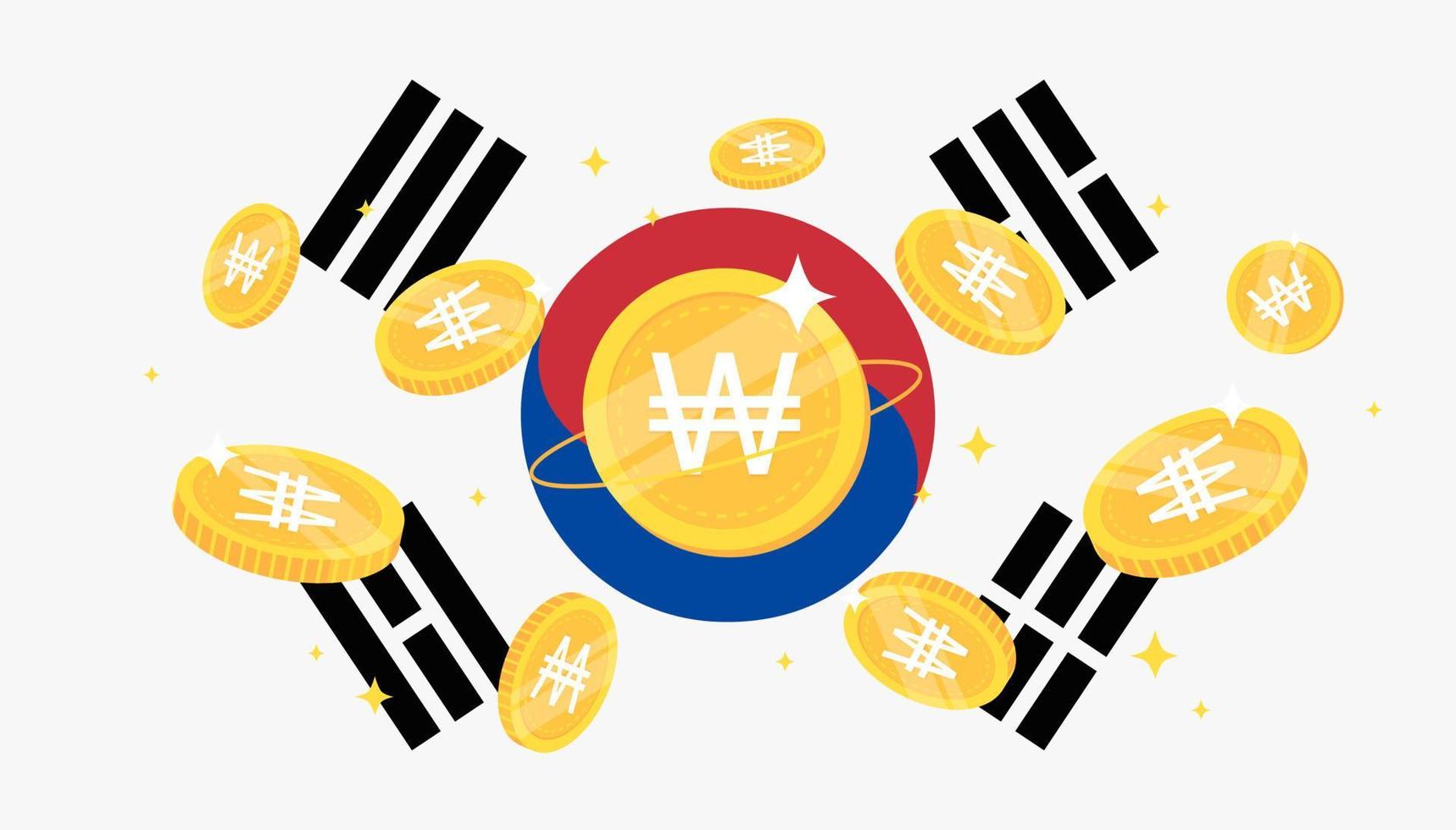 Digital Won currency coins on South Korea flag background. Central Bank Digital Currency CBDC concept banner background. vector